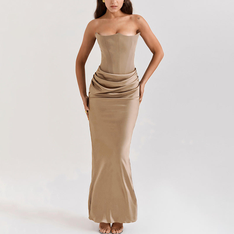 Pleated Tube Top Maxi Dress - Champagne