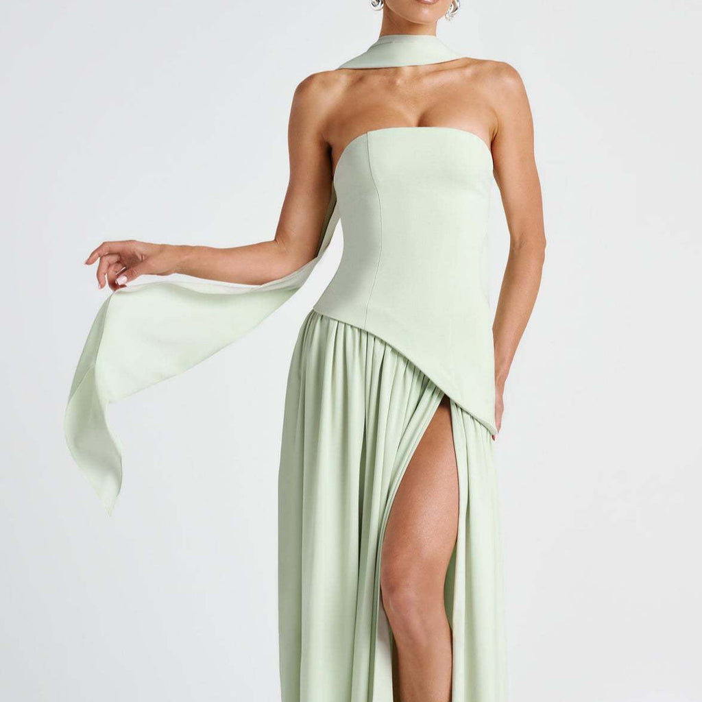 Strapless High Slit Maxi Dress - Green