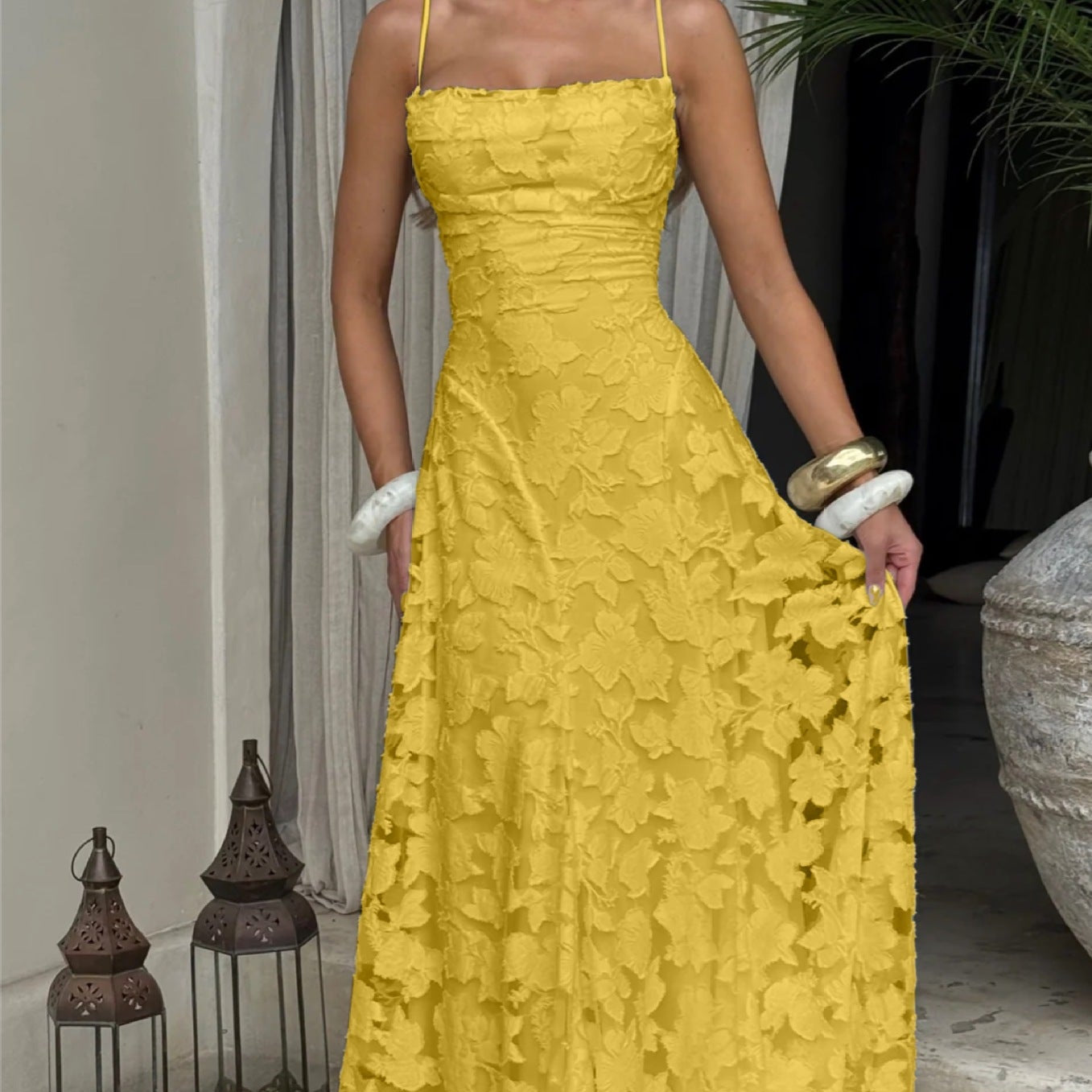 European-American Inspired Halter Dress -  Yellow