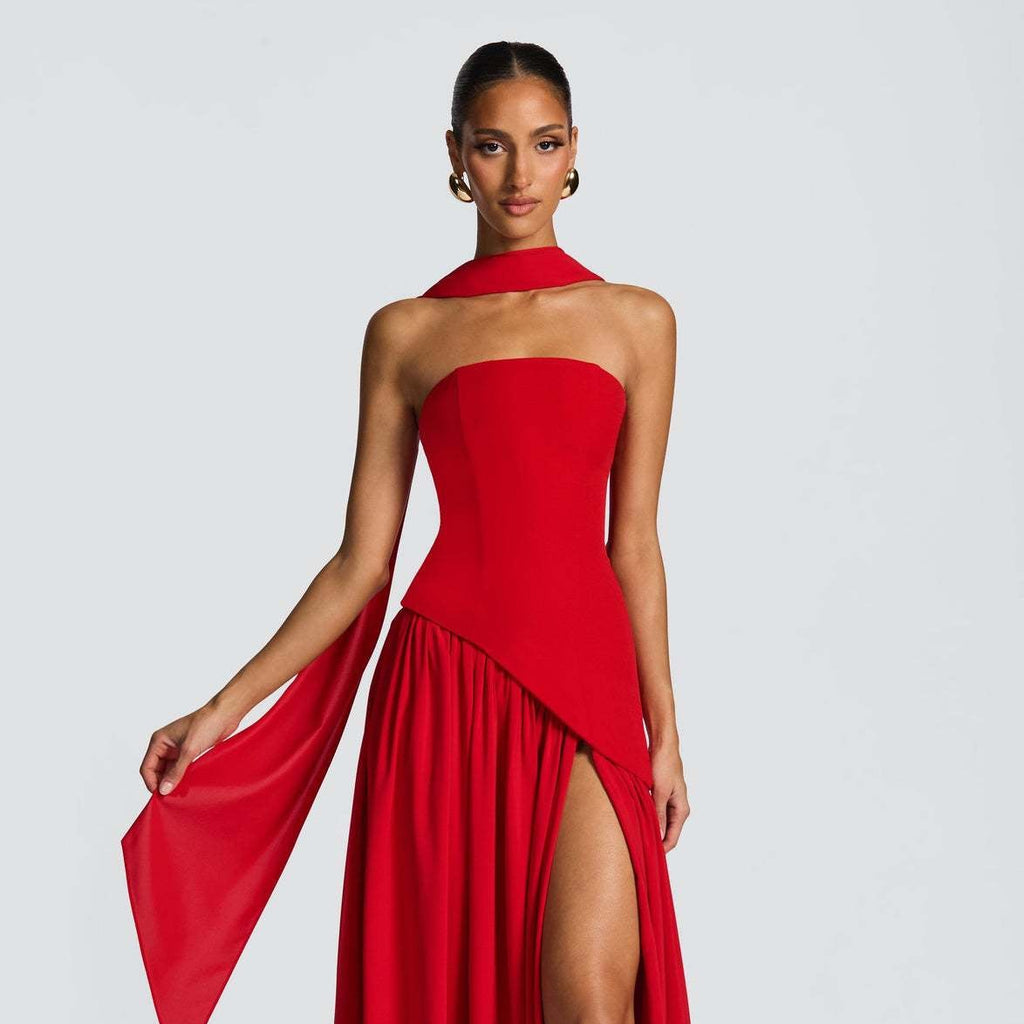 Strapless High Slit Maxi Dress - Red