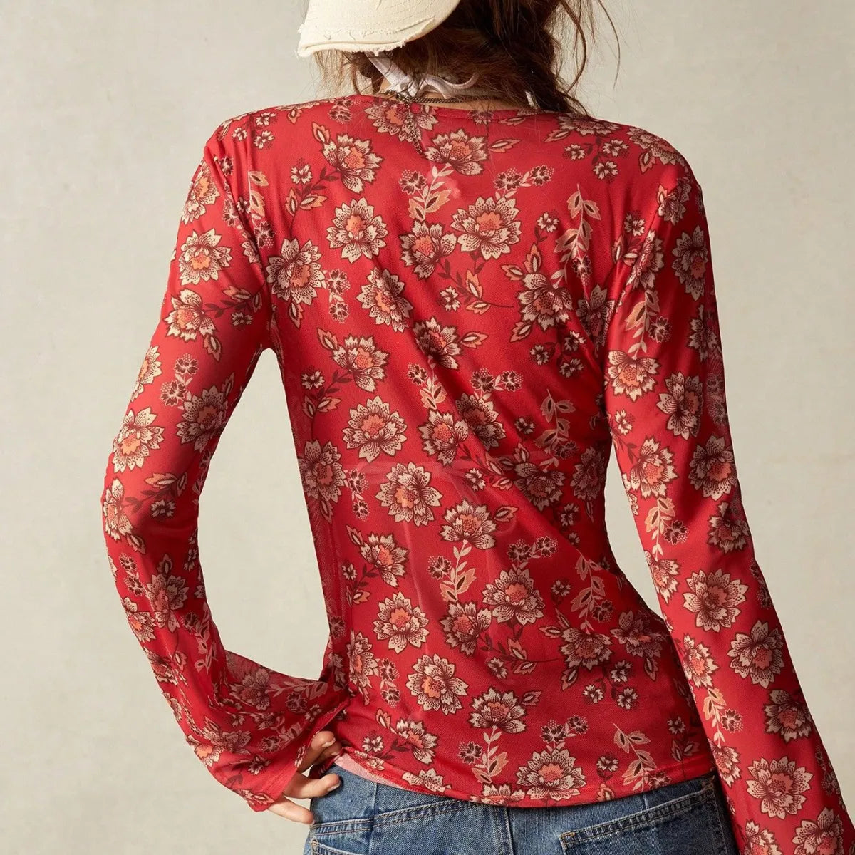 Slim Fit Floral V-Neck Shirt - Red