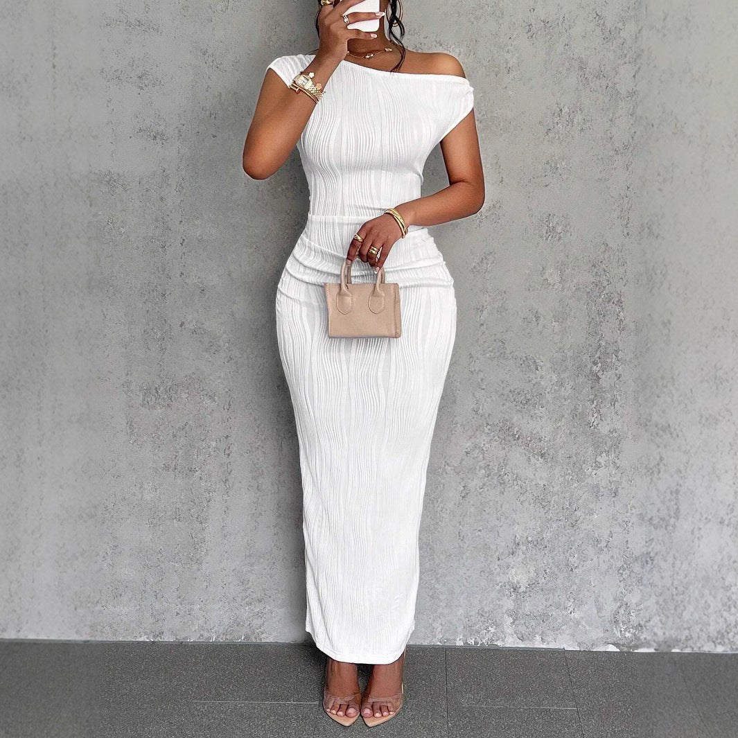 Off-Shoulder Water Ripple Maxi Dress - White