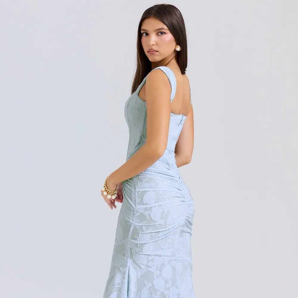 Square-neck Corset Strap Maxi Dress - Blue