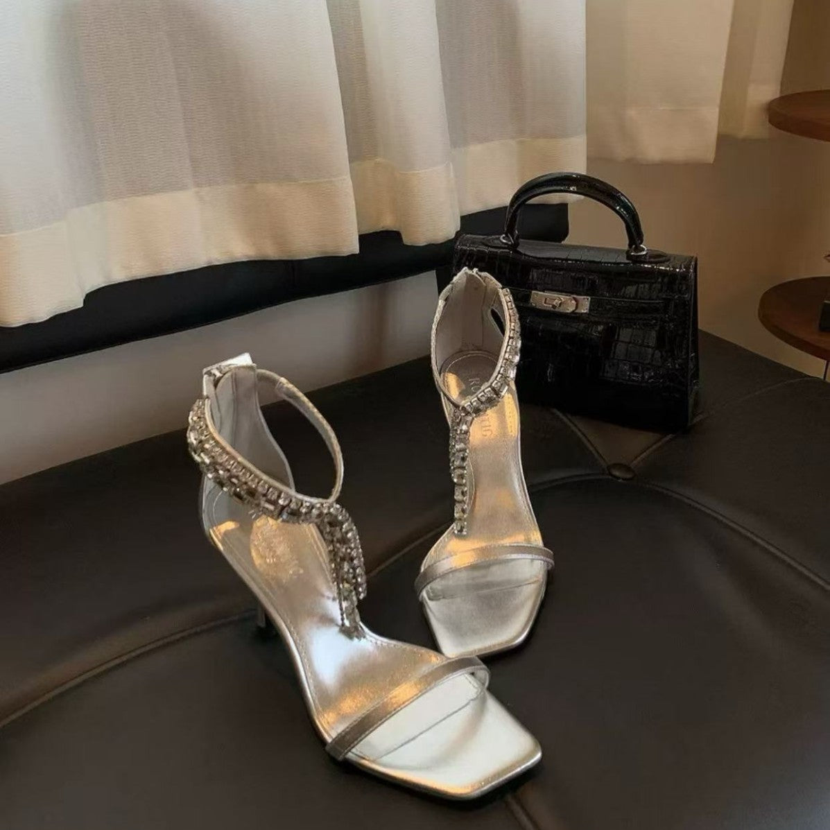 French-Style Rhinestone Open-Toe Stiletto Heels