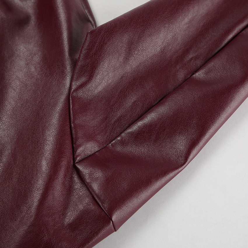 Retro Leather Jacket - Wine Red