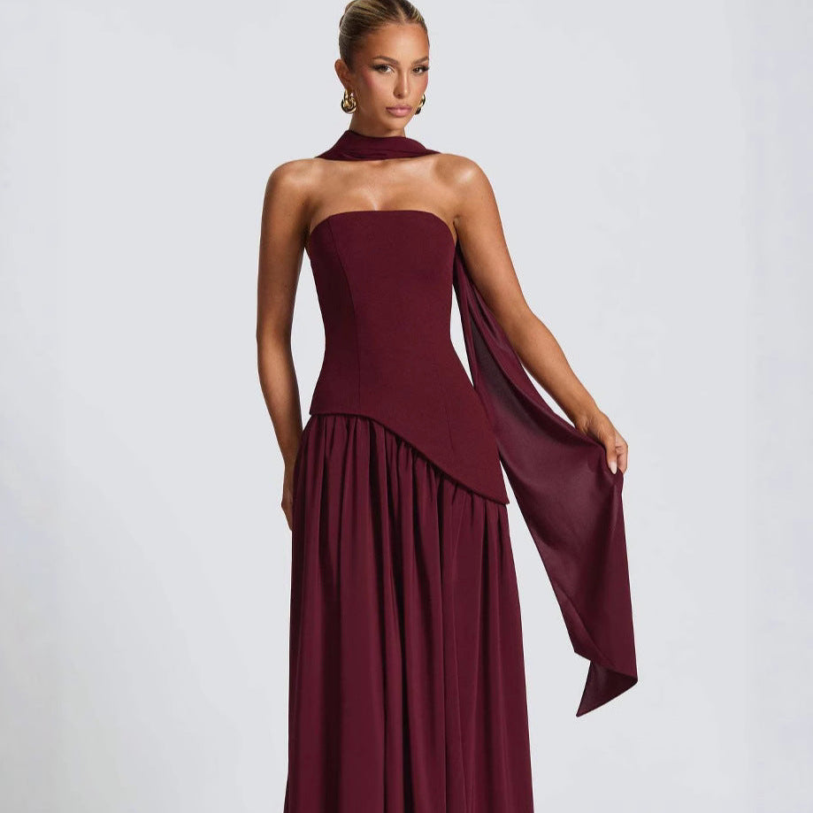 Strapless High Slit Maxi Dress - Burgundy
