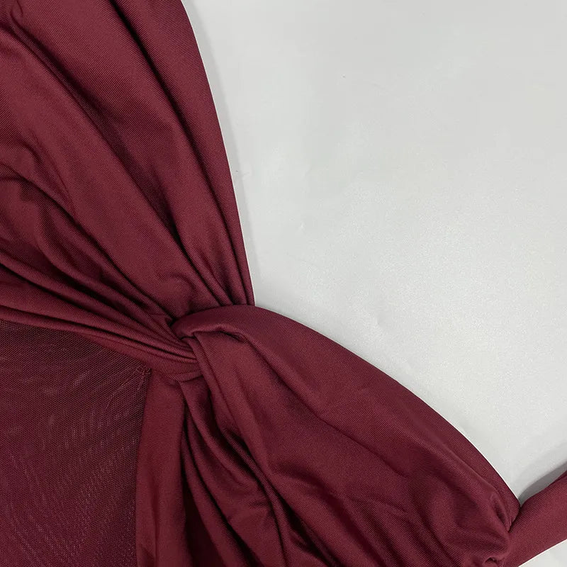 Halter Neck Pleated Bodycon Dress - Wine Red