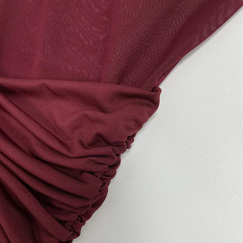 Halter Neck Pleated Bodycon Dress - Wine Red