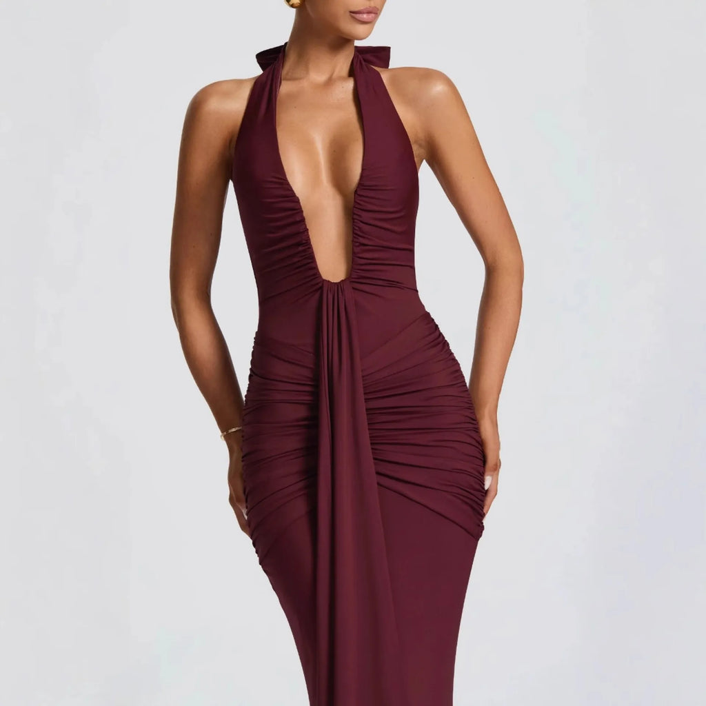Halter Lace-Up Backless Maxi Dress - Burgundy