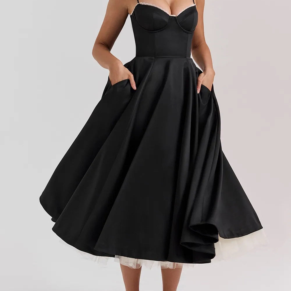 French-Inspired Satin Fishbone Corset Dress - Black