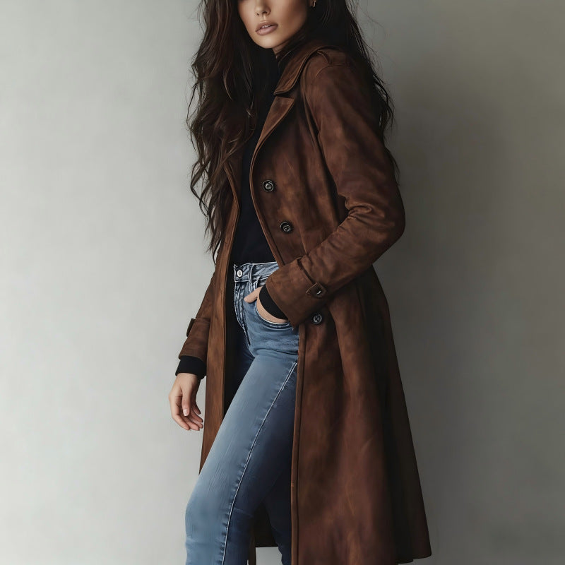Long Suede Waist-Cinching Jacket – Dark Brown