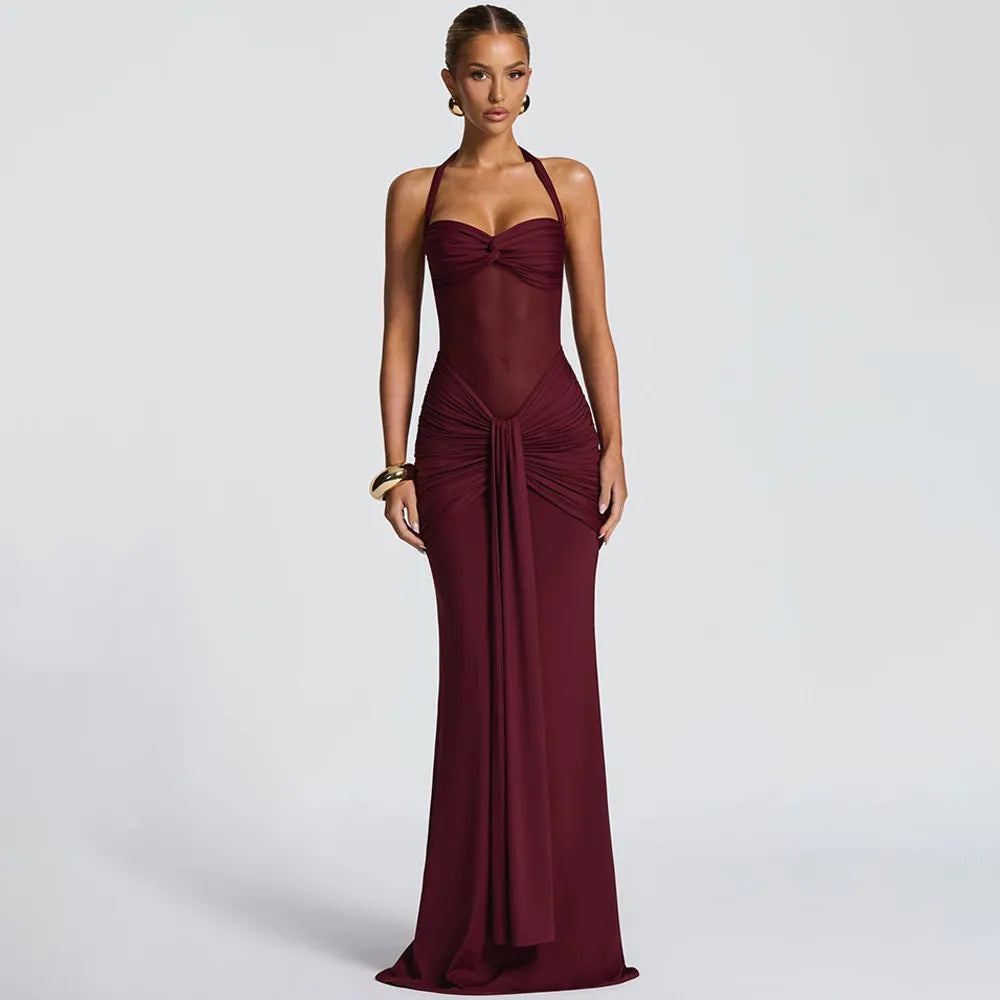 Halter Neck Pleated Bodycon Dress - Wine Red