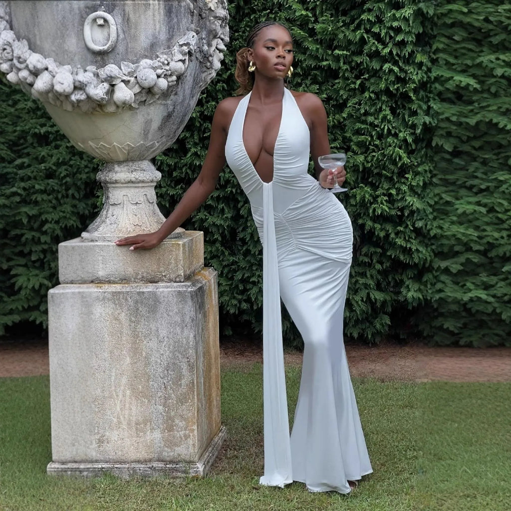 Halter Lace-Up Backless Maxi Dress - White