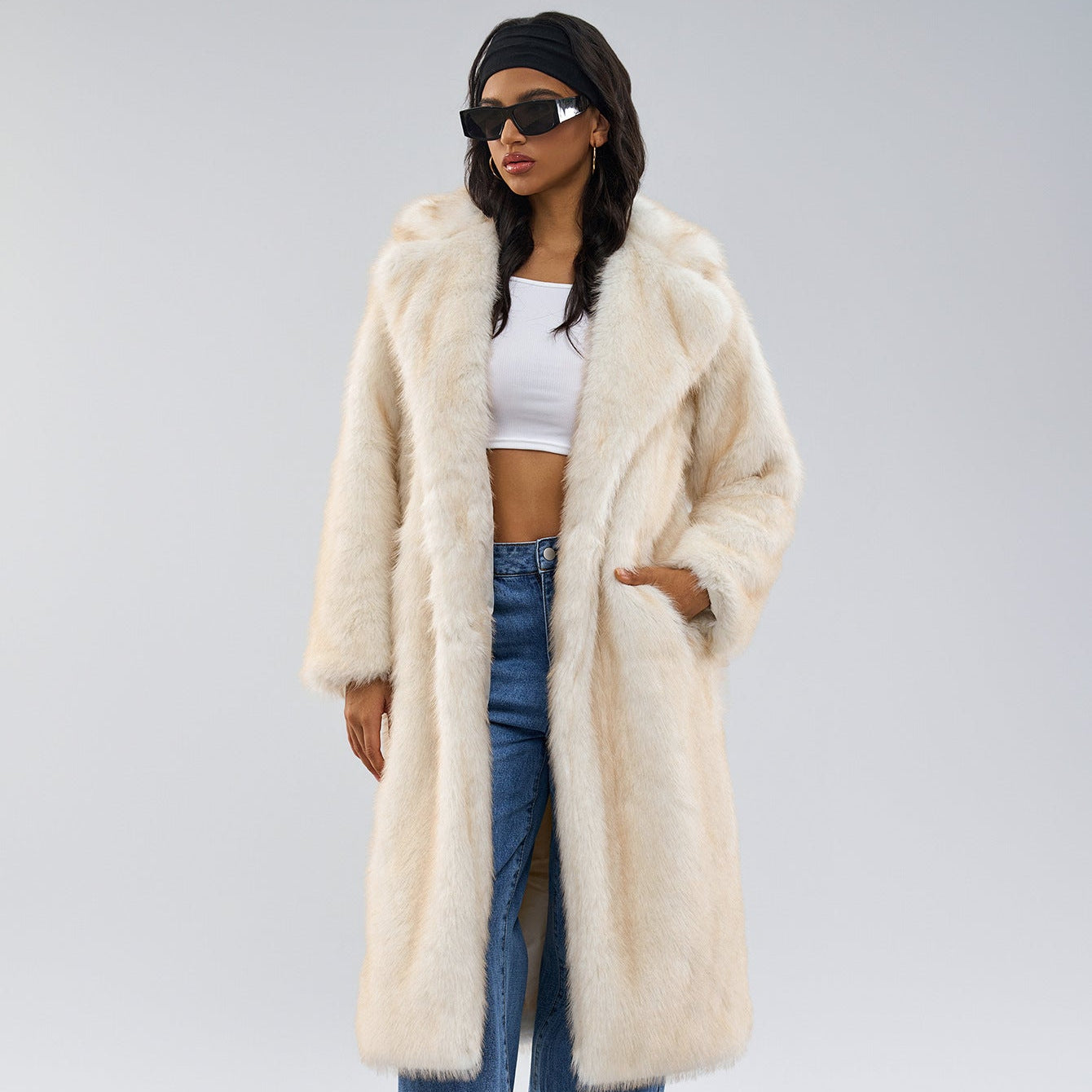 Long Scarf Collar Winter Coat – White