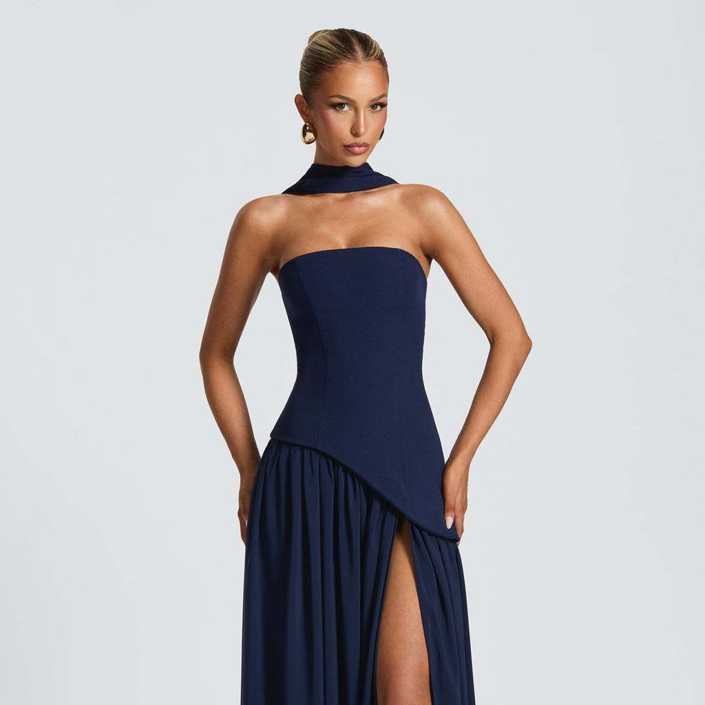 Strapless High Slit Maxi Dress - Dark Blue