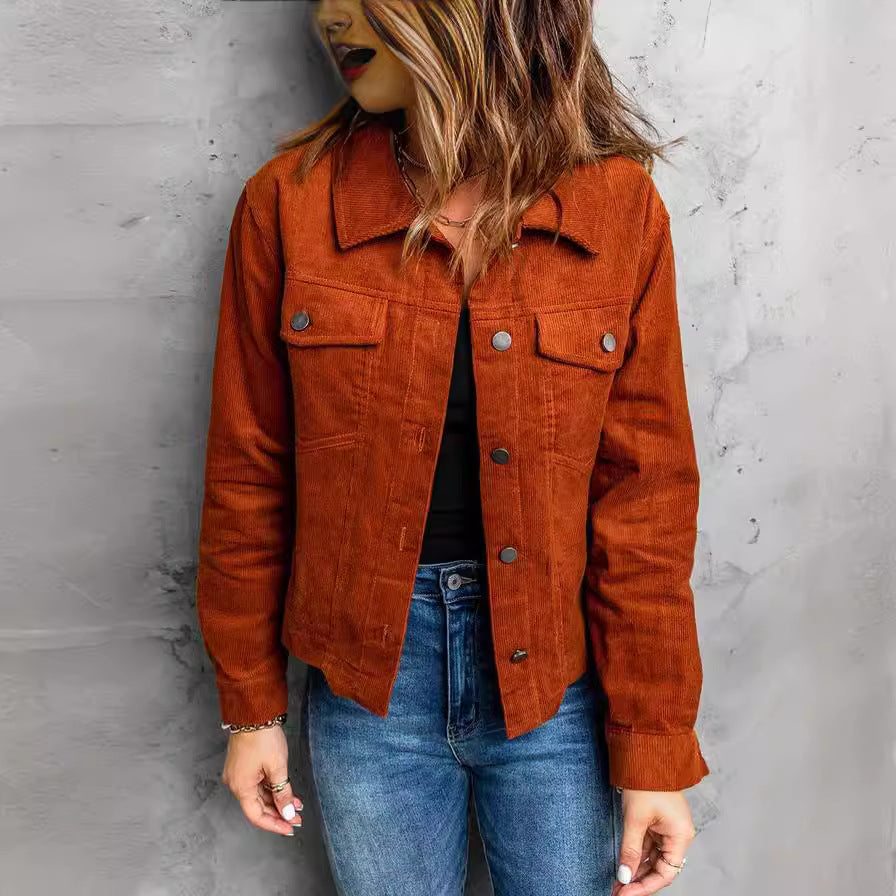 Slim-Fit Denim Jacket with Lapel Collar – Orange