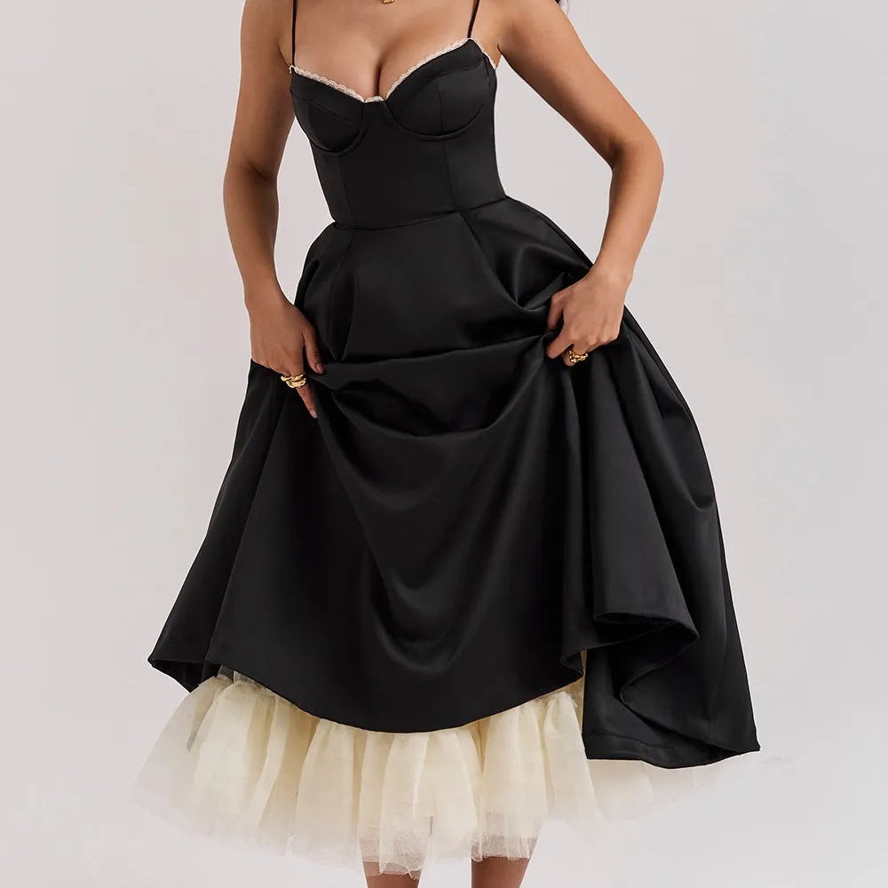 French-Inspired Satin Fishbone Corset Dress - Black