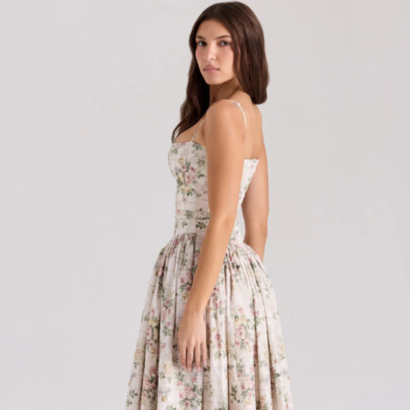 A-Line Mid-Length Sleeveless Dress - Off-White Floral