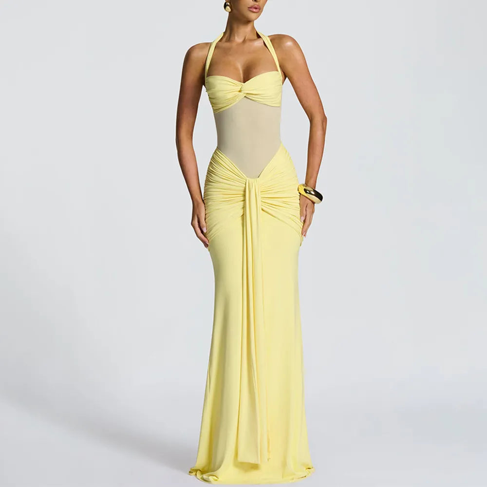 Halter Neck Pleated Bodycon Dress - Yellow