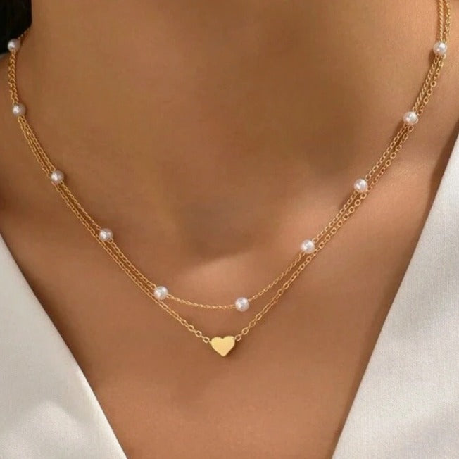 Pearl Heart Pendant Layered Necklace