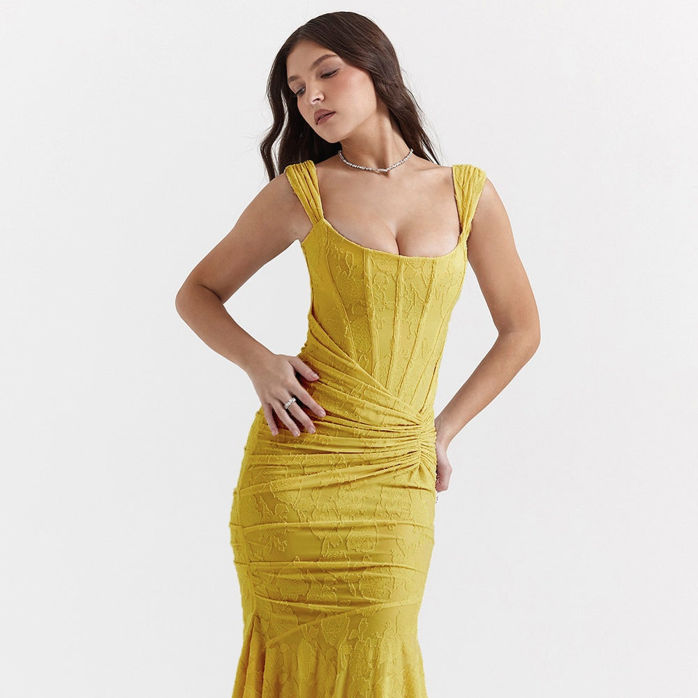 Square-neck Corset Strap Maxi Dress - Yellow
