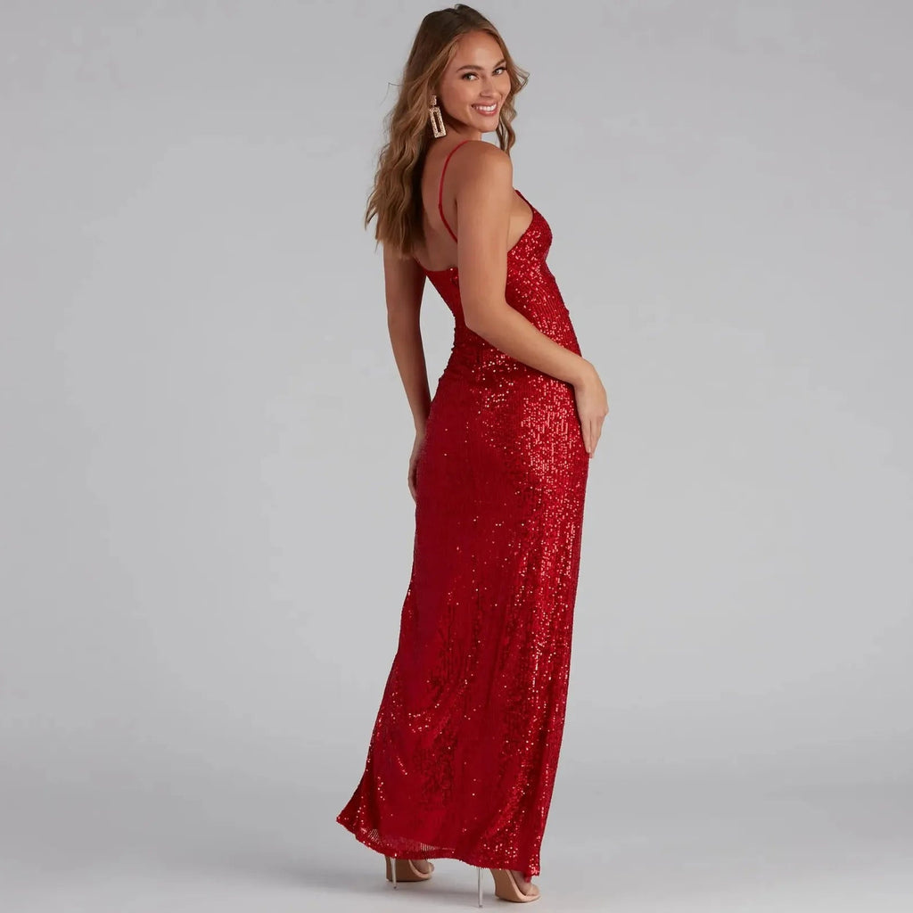 Sequined Fishtail V-Neck Dress - Red