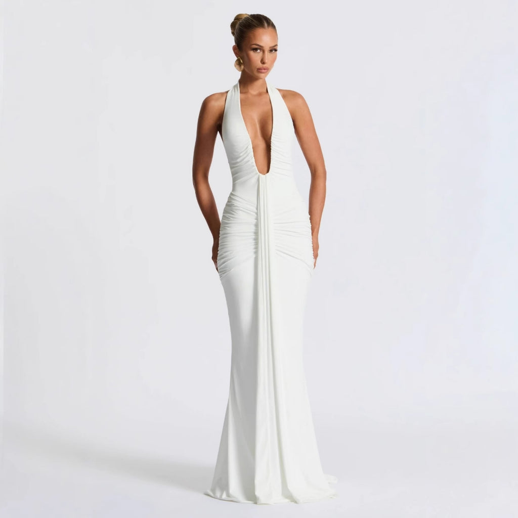 Halter Lace-Up Backless Maxi Dress - White