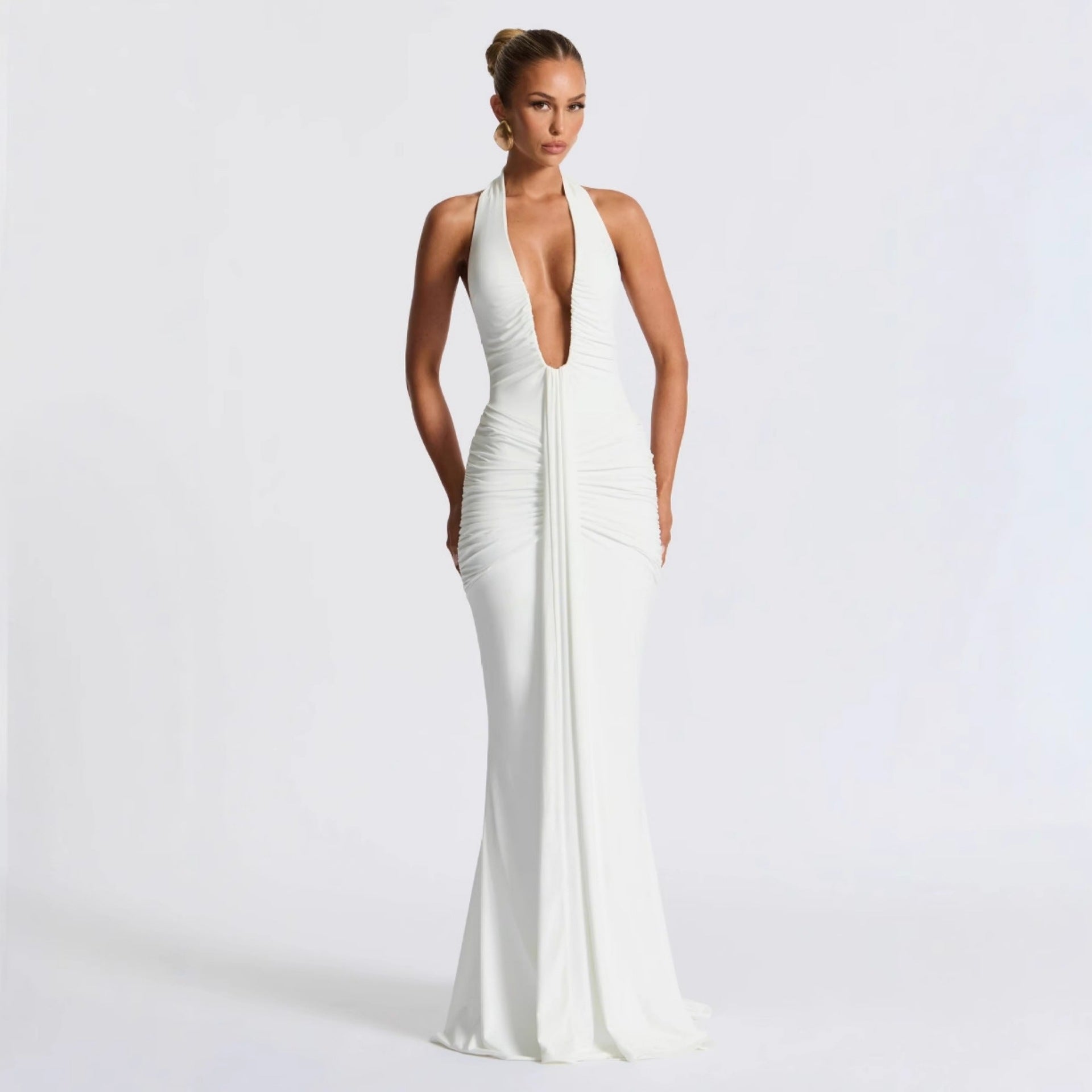 Halter Lace-Up Backless Maxi Dress - White