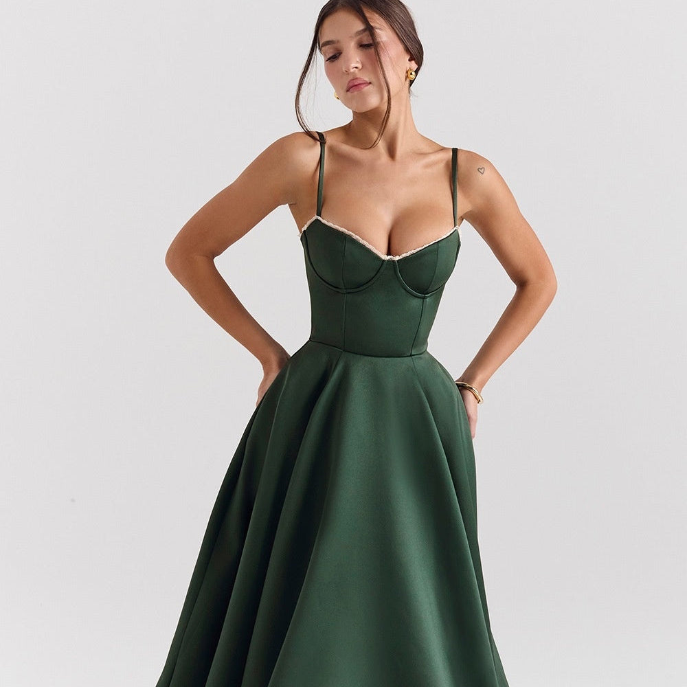 French-Inspired Satin Fishbone Corset Dress - Forest Green