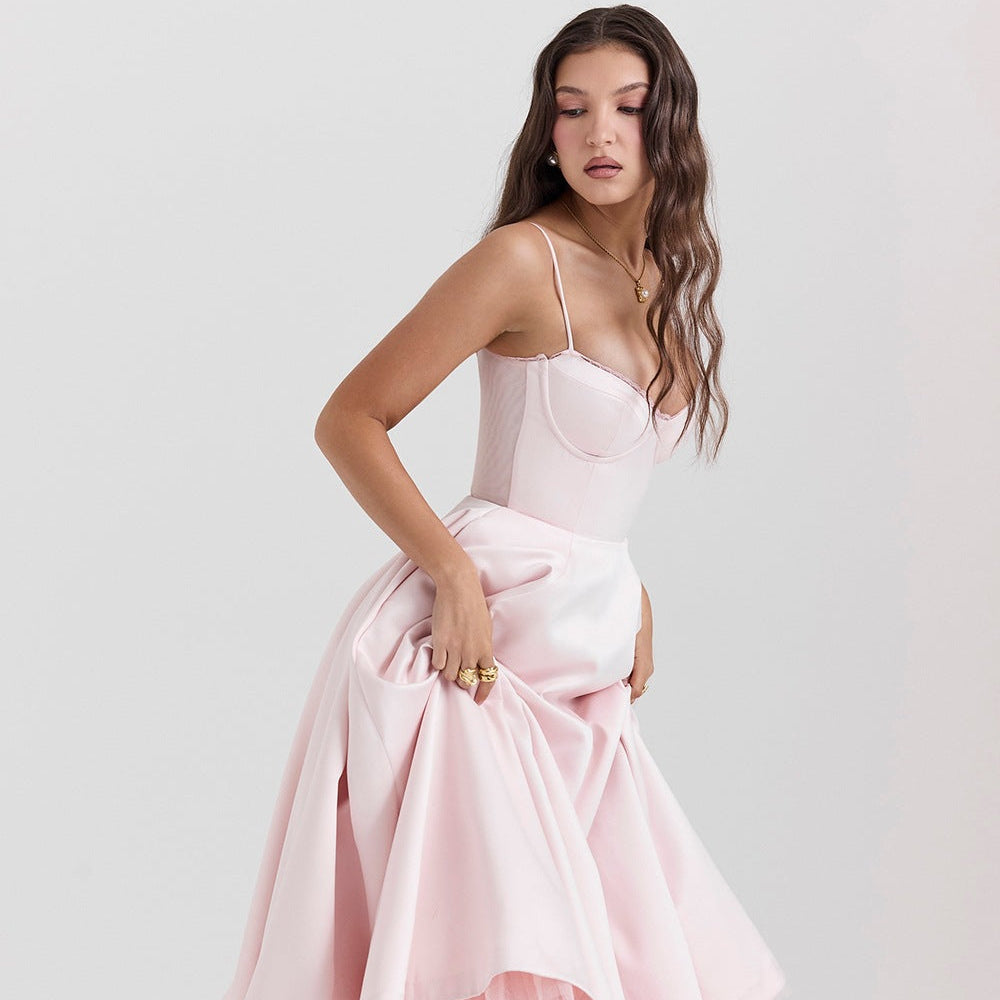 French-Inspired Satin Fishbone Corset Dress - Light Pink
