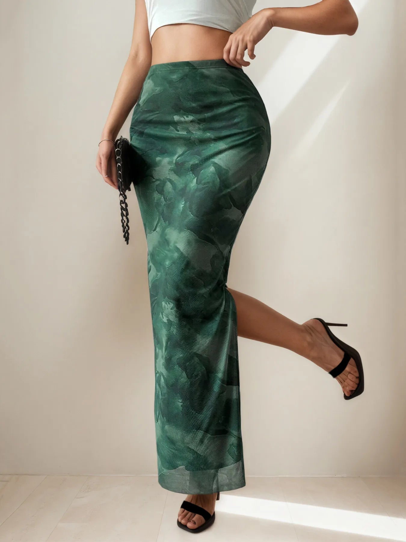 Printed Long Skirt with Side Slit - Green