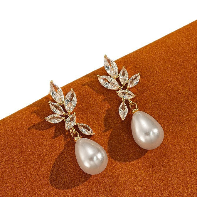 Waterdrop Pearl Leaf Zircon Earrings
