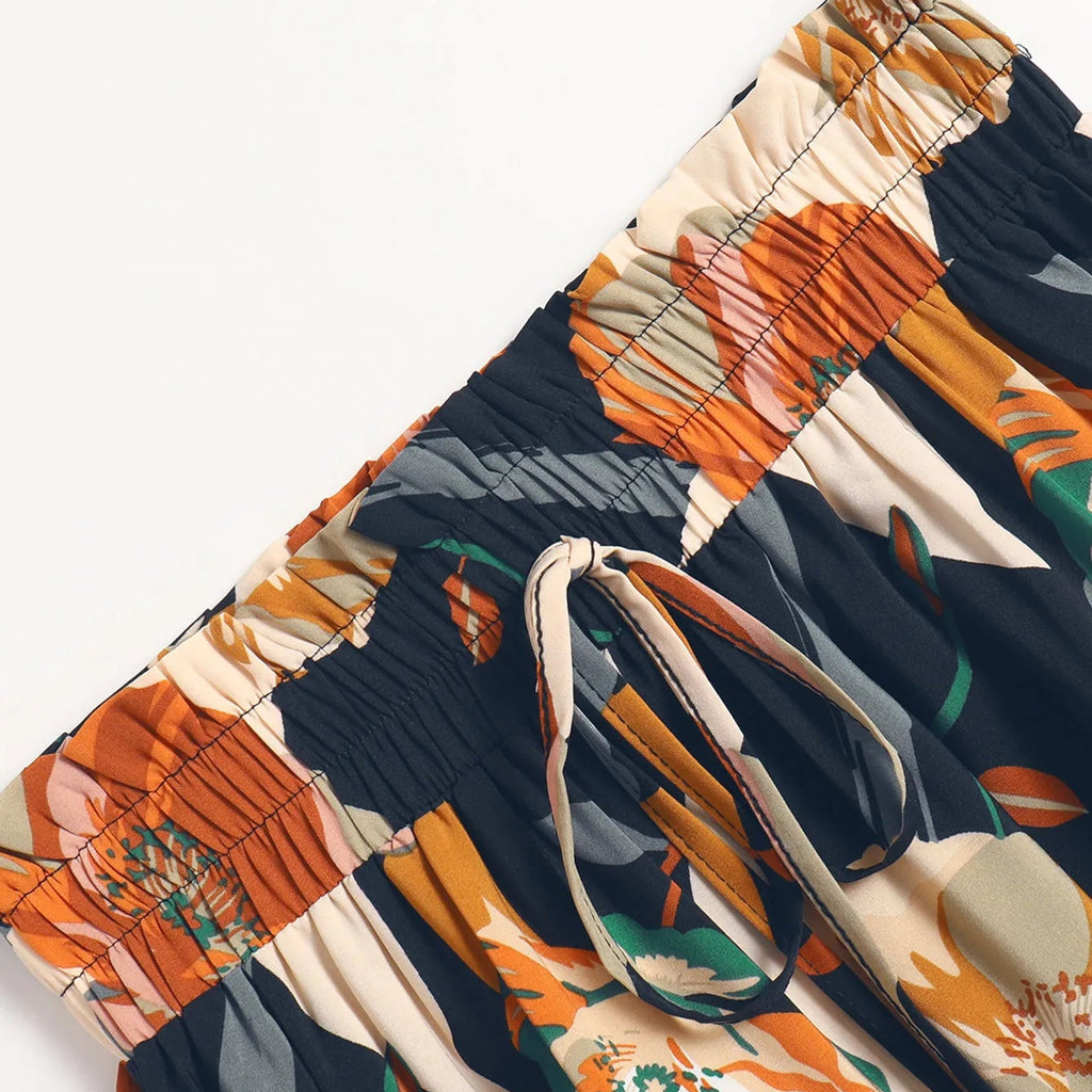 Floral Print Mid-Length A-Line Skirt - Navy Blue Floral