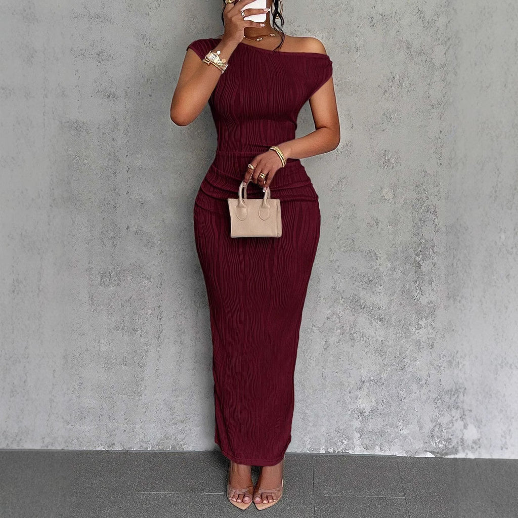 Off-Shoulder Water Ripple Maxi Dress - Burgundy