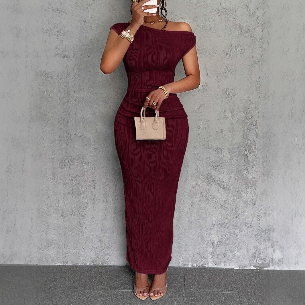 Off-Shoulder Water Ripple Maxi Dress - Burgundy