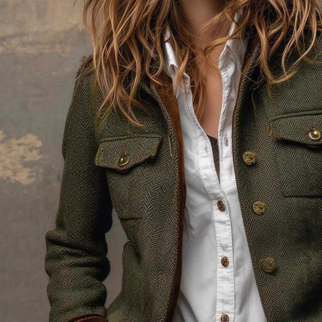 Herringbone Tweed Blazer Jacket – Army Green
