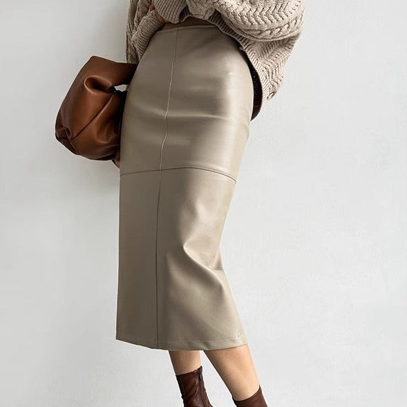 High-Waist PU Leather Pencil Skirt – Mid-Length