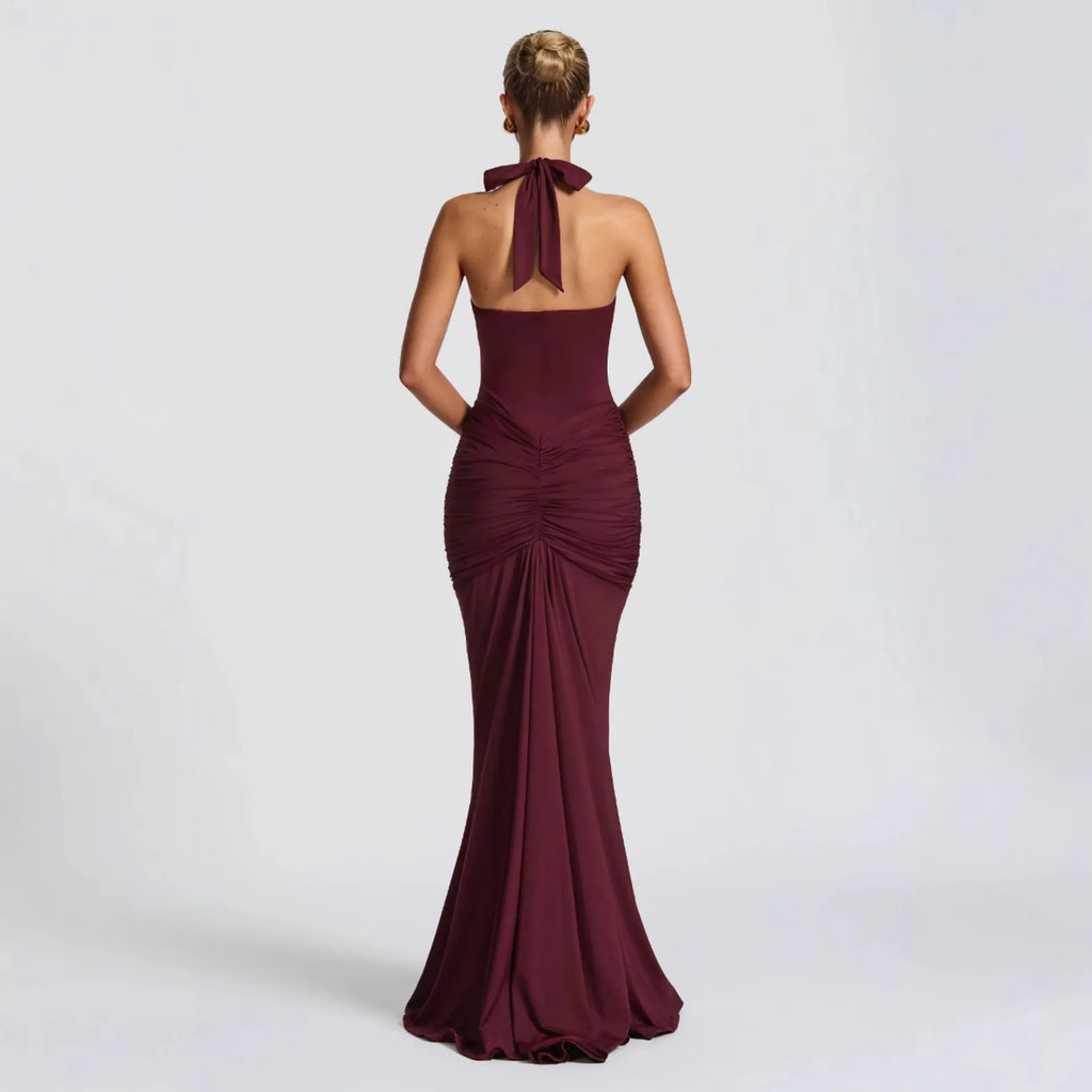 Halter Lace-Up Backless Maxi Dress - Burgundy