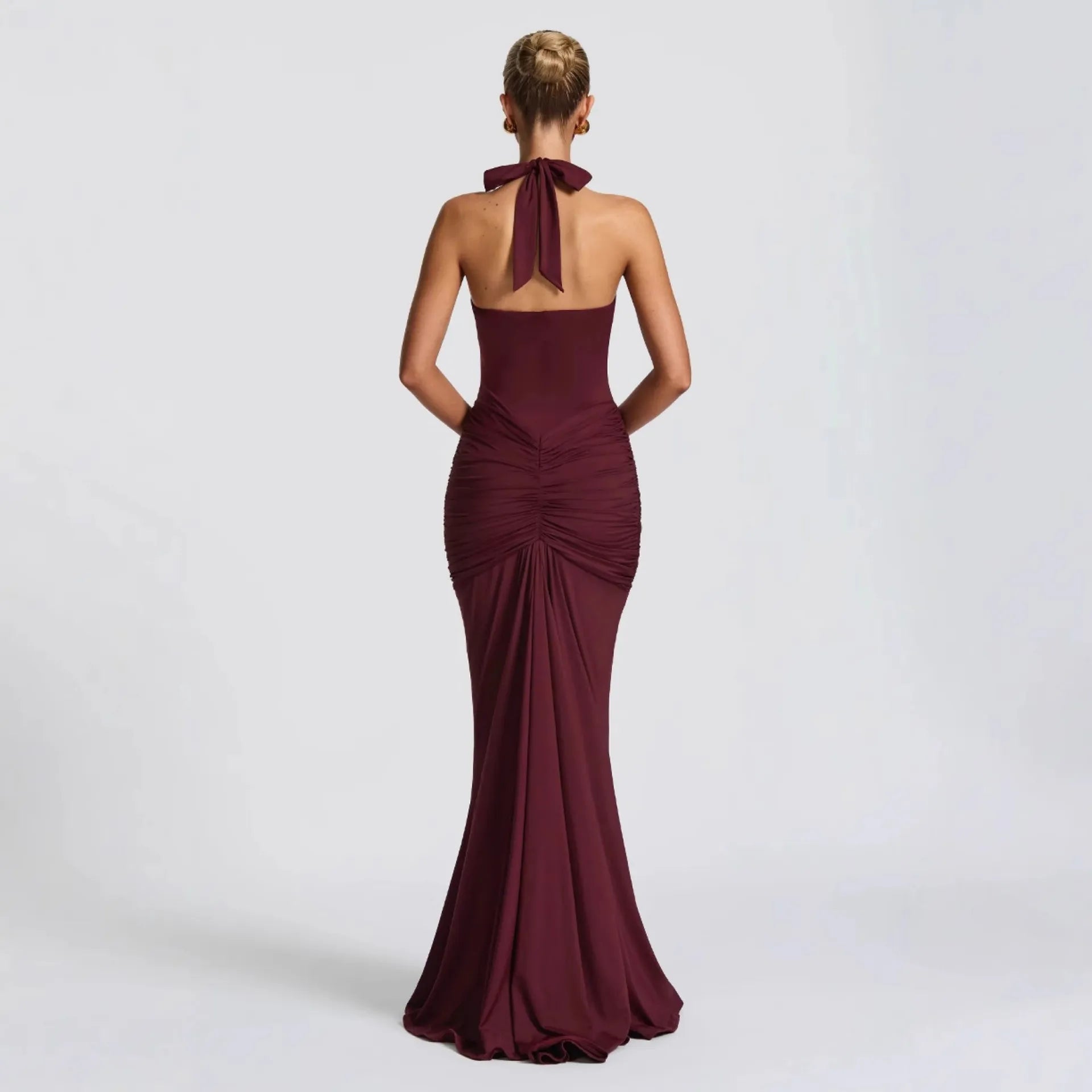 Halter Lace-Up Backless Maxi Dress - Burgundy