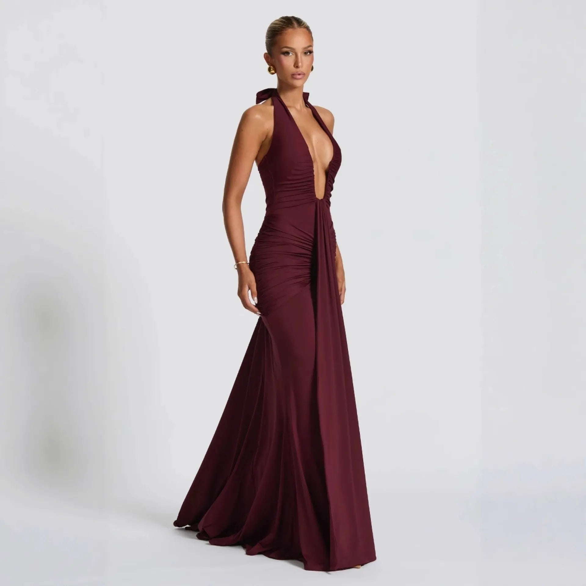Halter Lace-Up Backless Maxi Dress - Burgundy