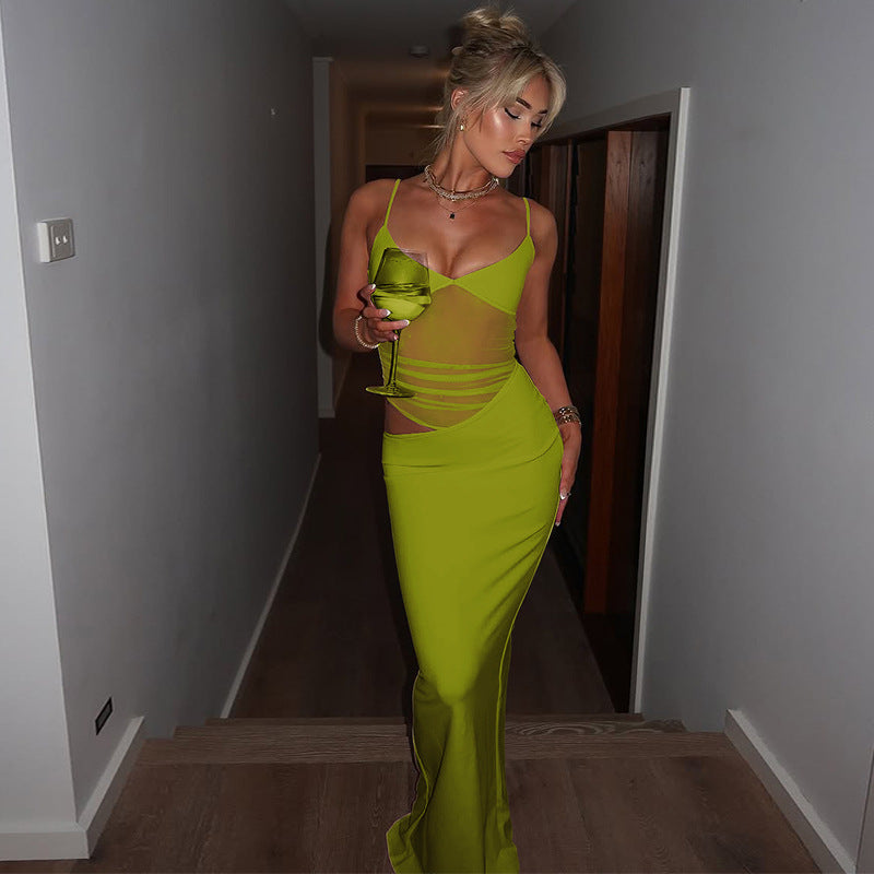 Mesh Spliced Bodycon Dress - Green