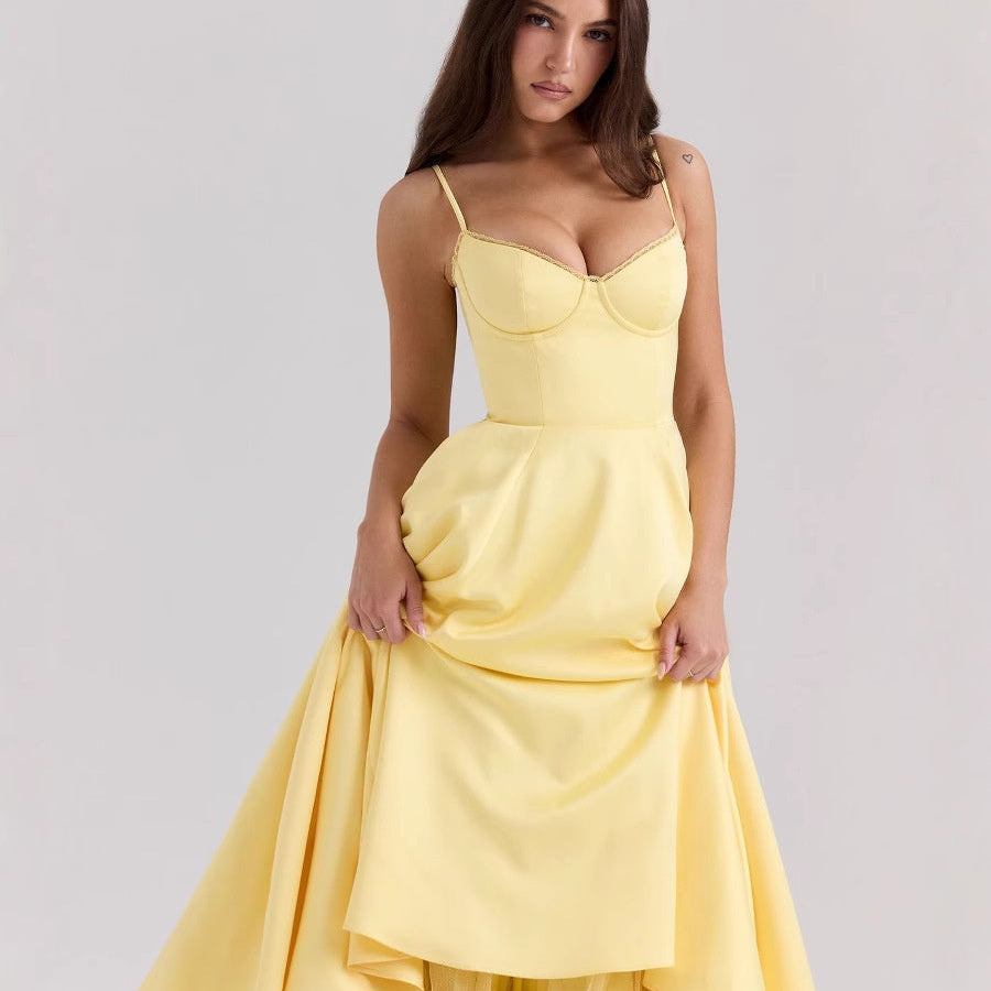 French-Inspired Satin Fishbone Corset Dress - Yellow
