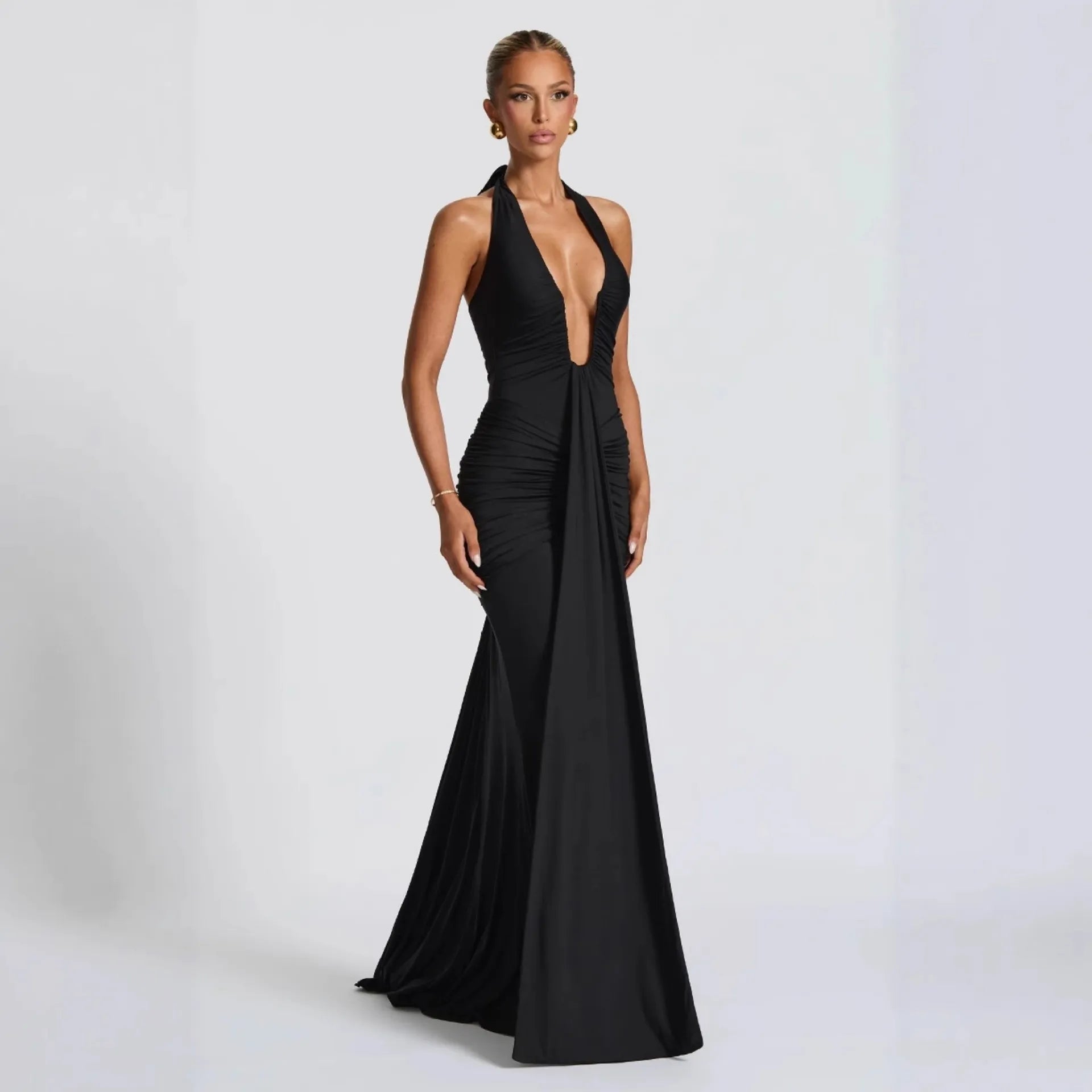 Halter Lace-Up Backless Maxi Dress - Black