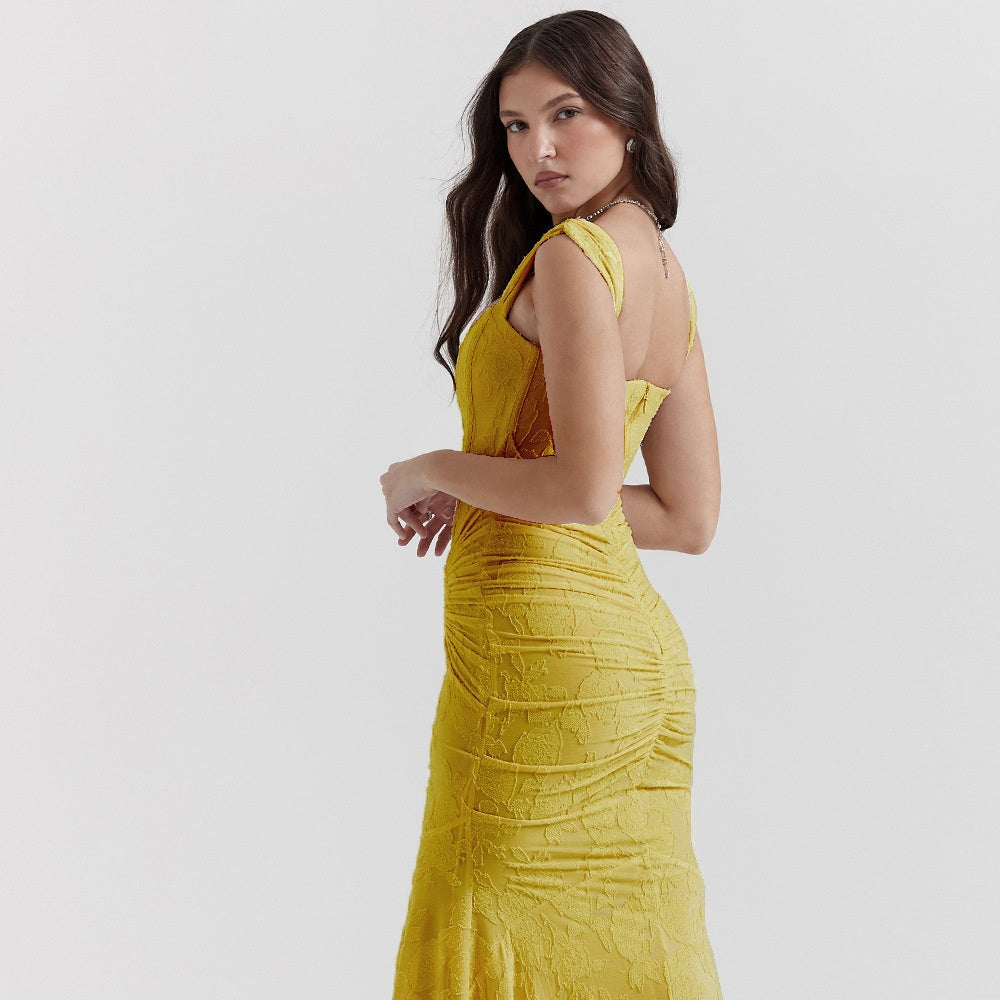 Square-neck Corset Strap Maxi Dress - Yellow