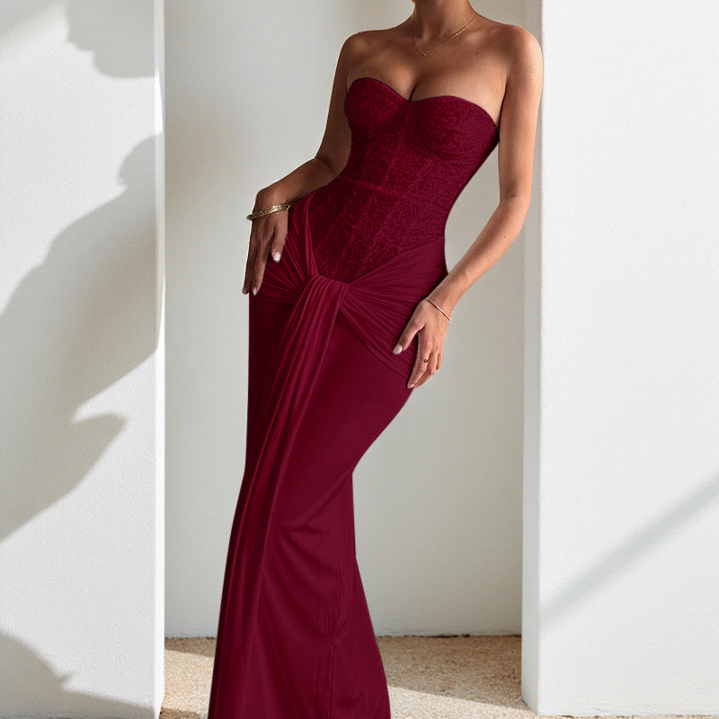 Strapless Slim-Fit Evening Dress - Wine Red