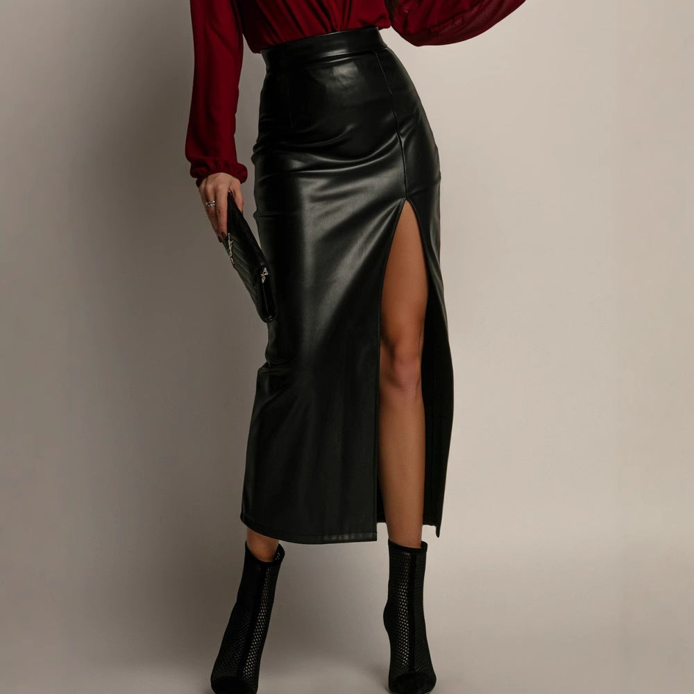 High-Waist Leather Skirt with Slit - Black