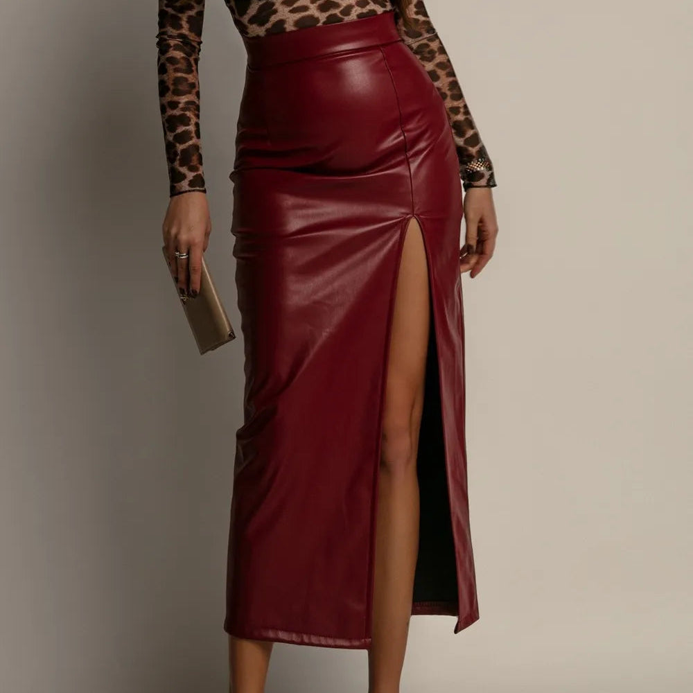 High-Waist Leather Skirt with Slit - Wine Red