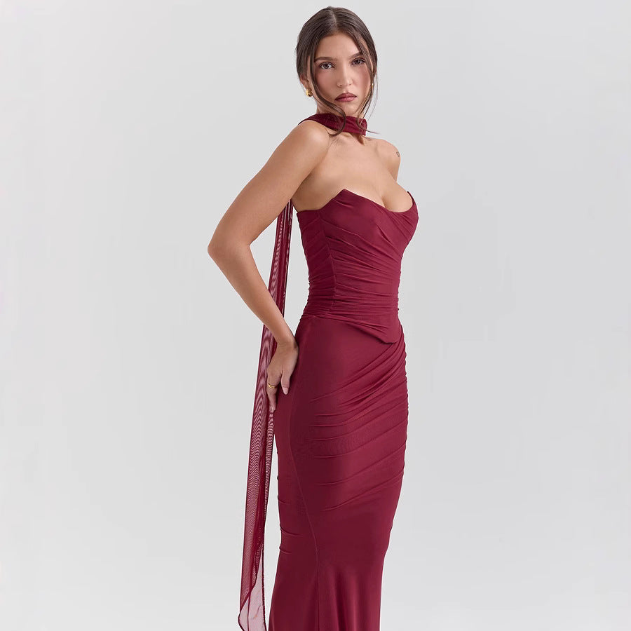 Tube Top & High-Waist Pencil Skirt Two-Piece Set - Burgundy