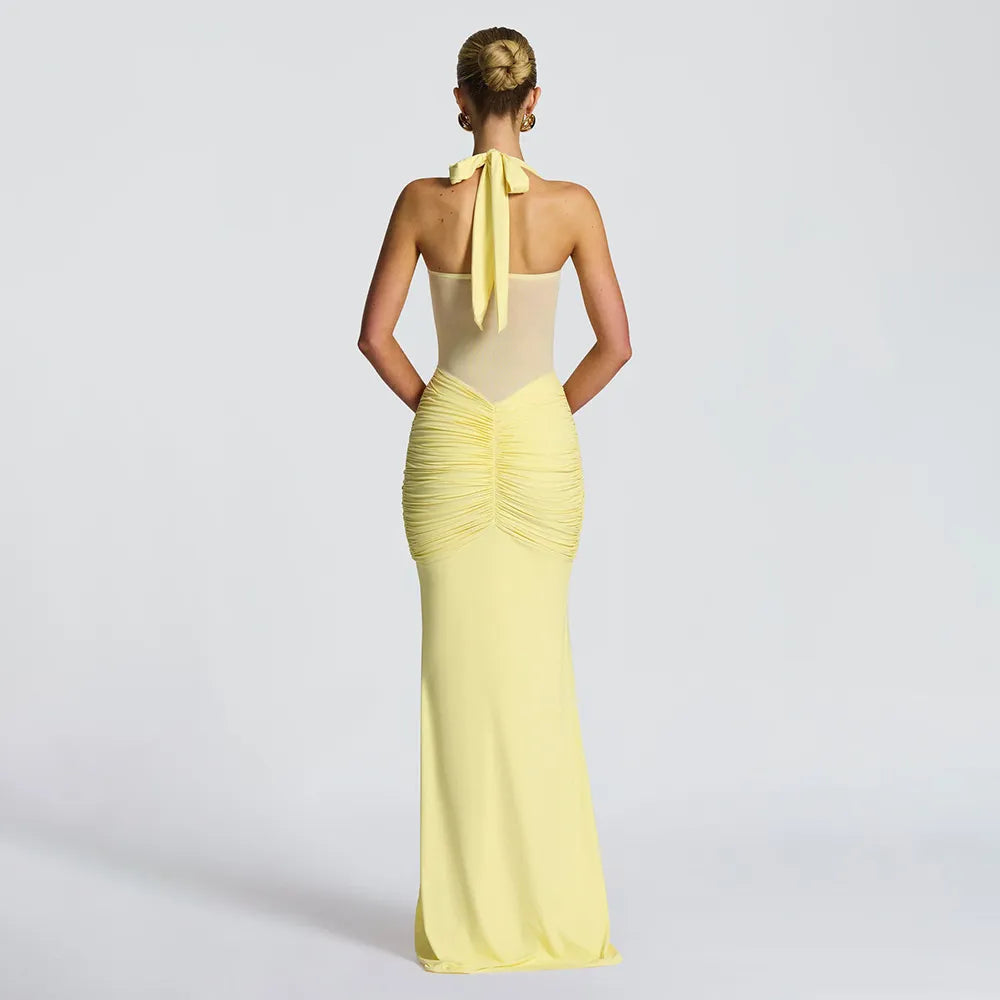 Halter Neck Pleated Bodycon Dress - Yellow