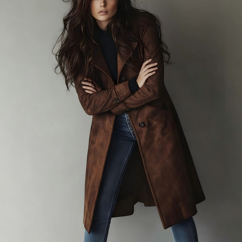 Long Suede Waist-Cinching Jacket – Dark Brown